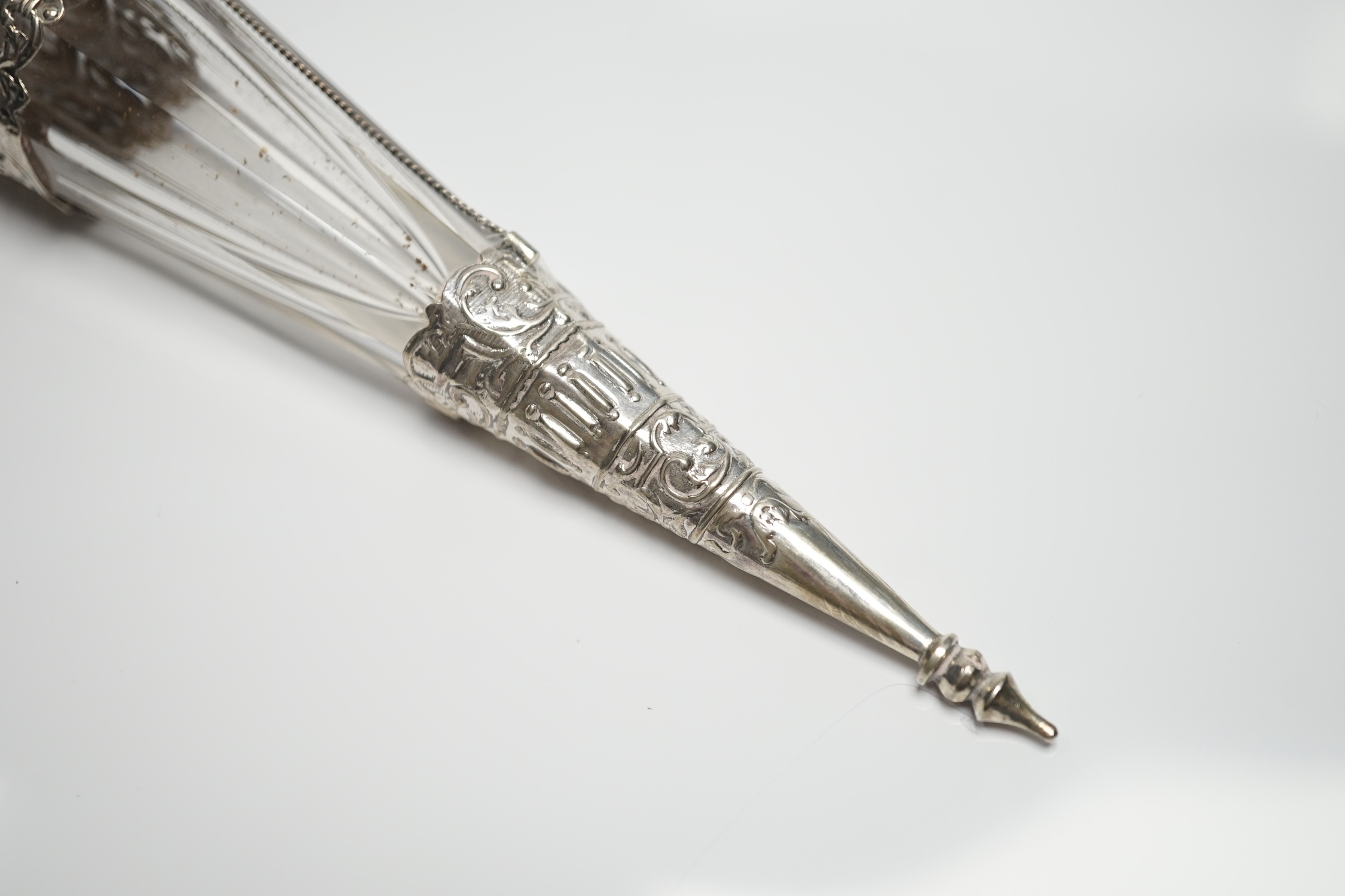 A continental white metal mounted glass teardrop shaped scent bottle, 25.5cm.